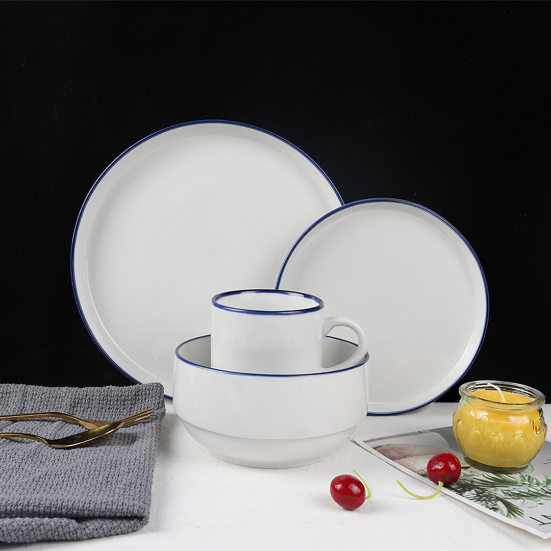 Blue rim white porcelain dinner set