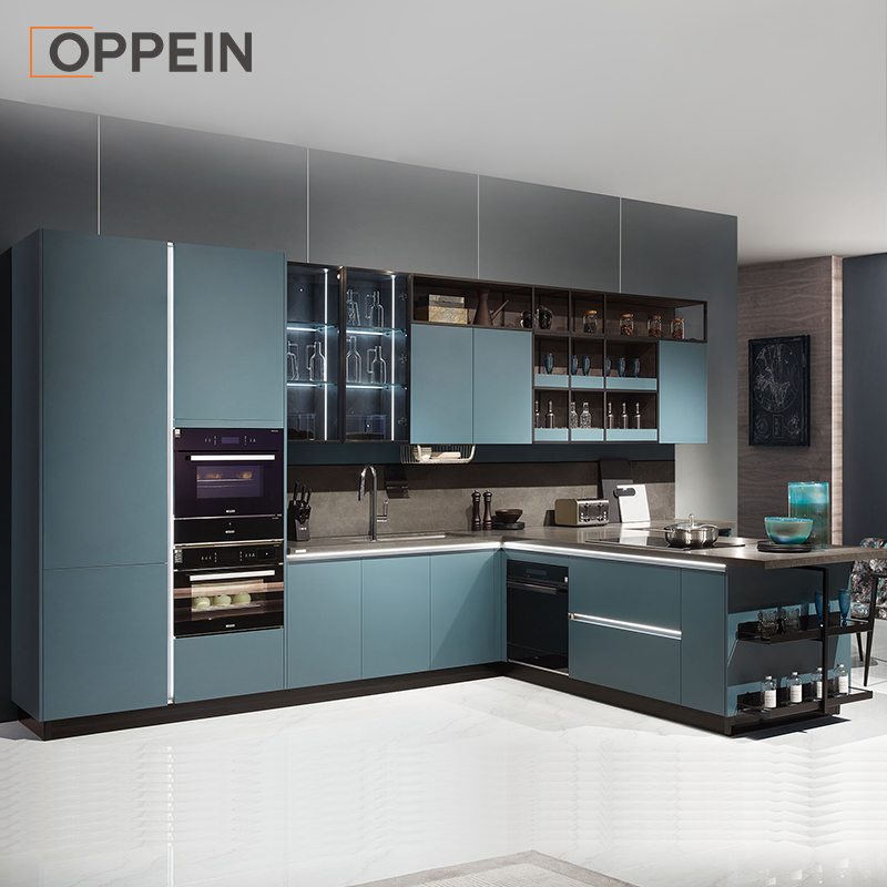 OPPEIN Blue Color Modern Style Melamine Board Kitchen cabinet Durable