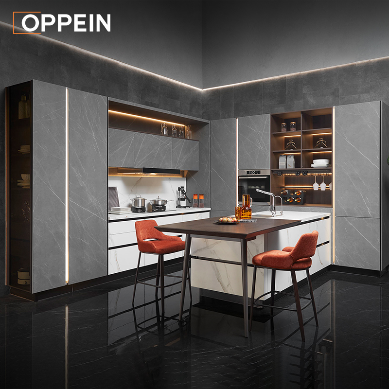 OPPEIN Gray Gloss Luxury Durable Sintered Kitchen Cabinets