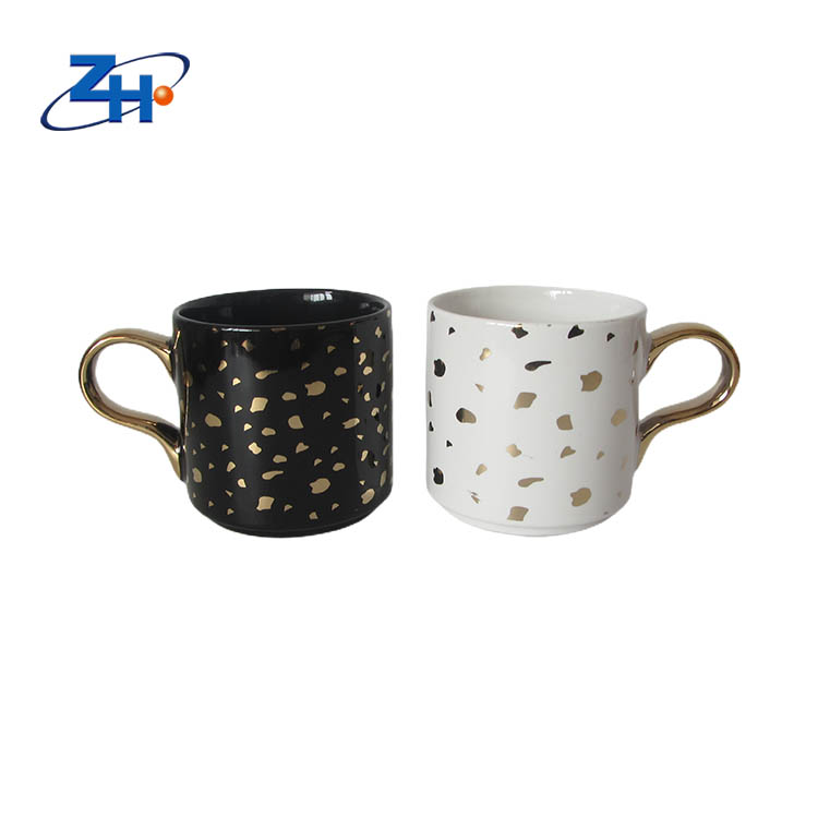 Custom logo electroplated gold handle matte black and white couple coffee mug