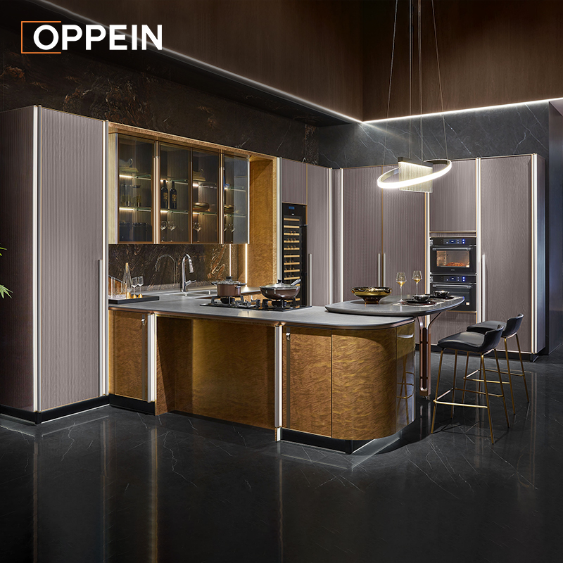 Wood grain kitchen cabinets, island kitchen cabinets, gold color kitchen cabinets