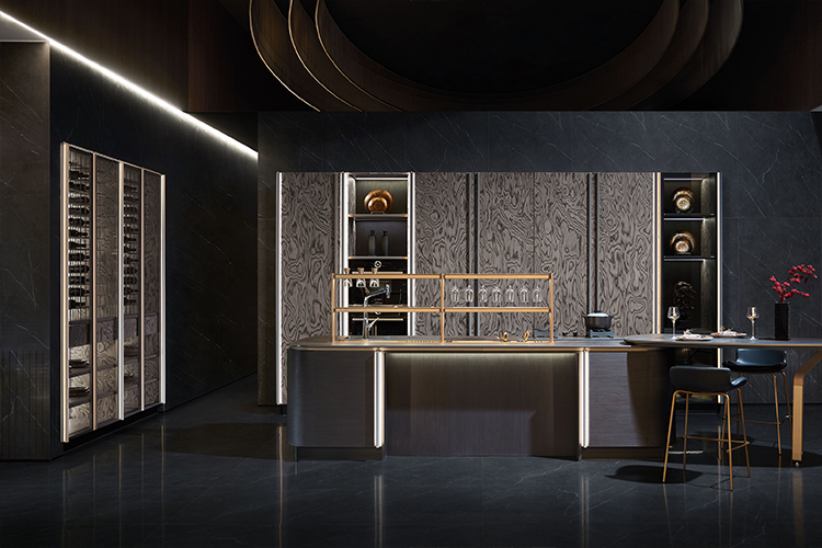 Oppein wood grain gold and gray kitchen cabinets
