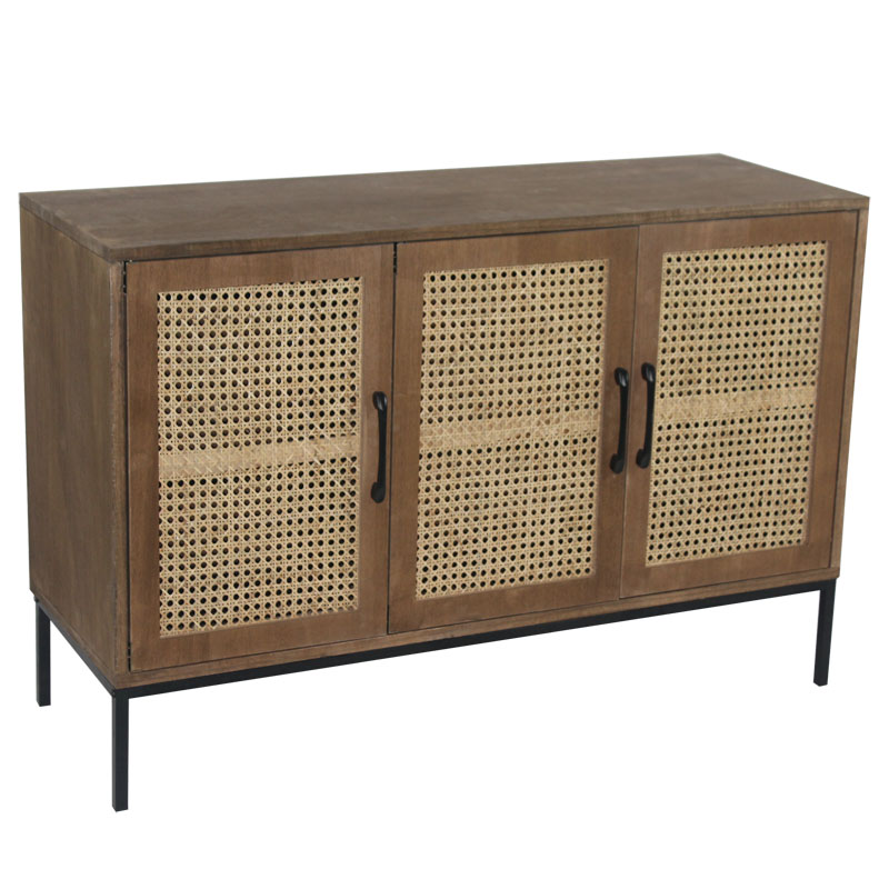 Wood Rattan Sideboard Buffet Cabinet with 3 Doors and Metal Legs