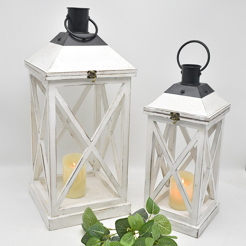 White Wedding Wooden Decorative Lantern Candle Holder with Glass Hurricane for Fireplacendle