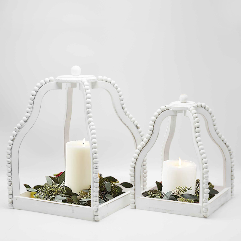 Hot Selling Farmhouse Wood Beaded Lantern Set ,Distressed White WASH candle lantern for home decor
