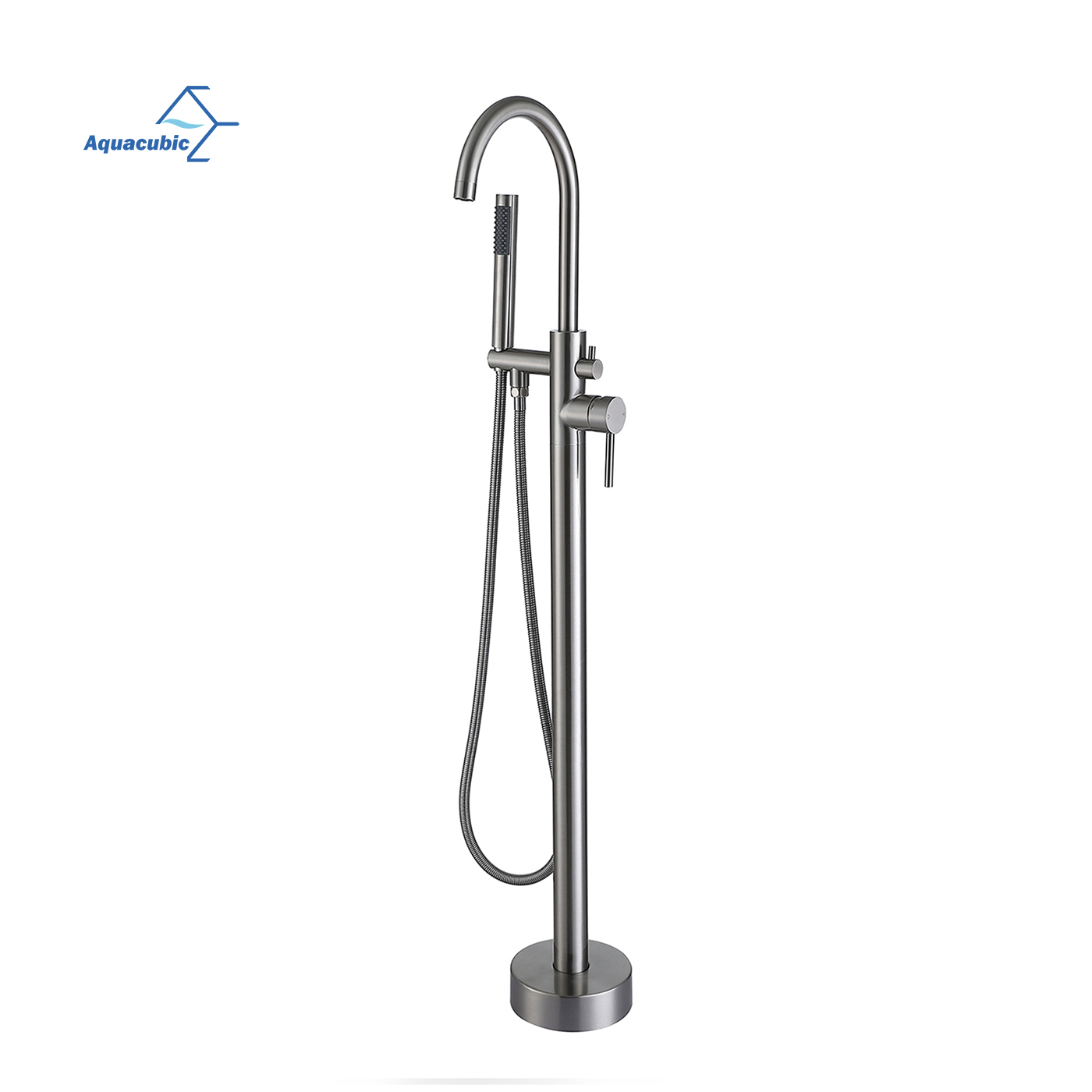 Aquacubic Brushed Nickel Floor Mount Standing Bathtub Freestanding Faucet Shower