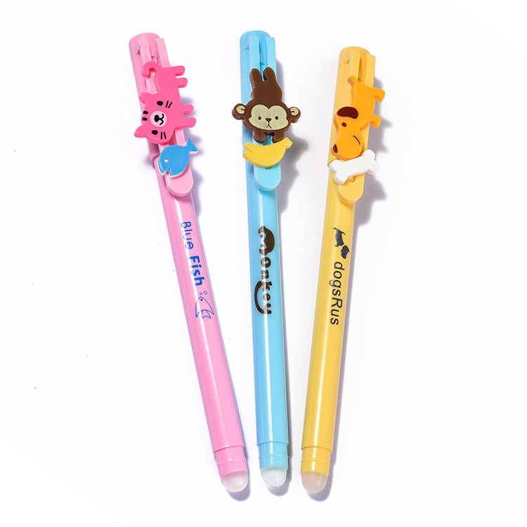 Promotional Custom heat erasable pen With Eraser kawaii cut design for kids blue color ink 0.5mm