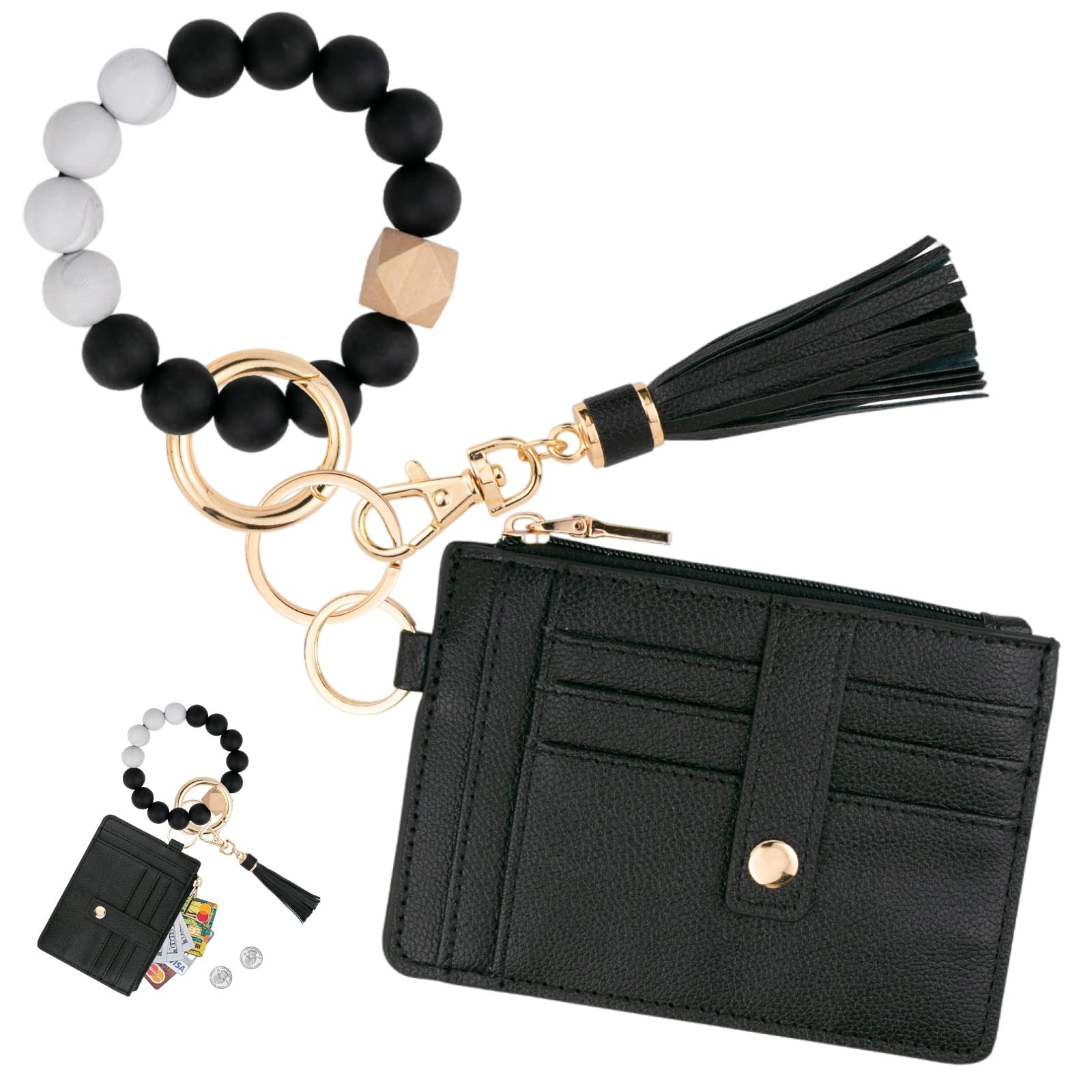 RFID Credit Card Holder Pocket Key Silicone Beads Ring Keychain Wallet With Wristlet Bangle Bracelet