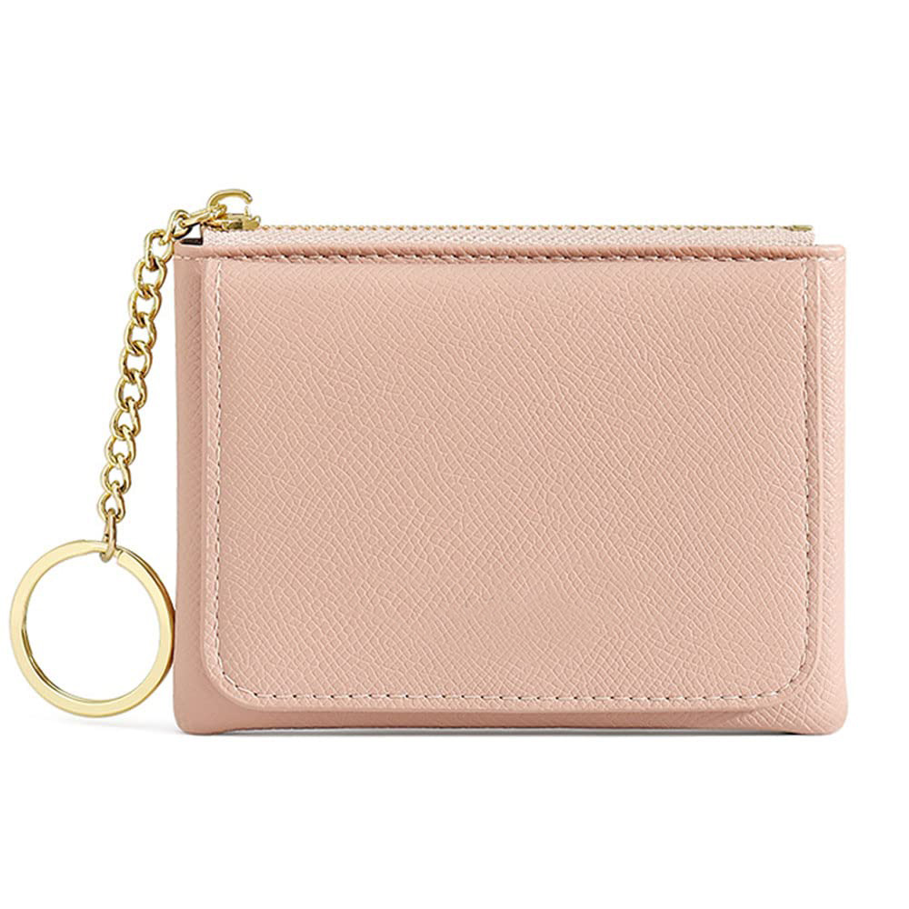 Hot Pink Faux Leather Snap Card Holders Women Cute Zipper Ladies Keychain Wallet Without Wristlet