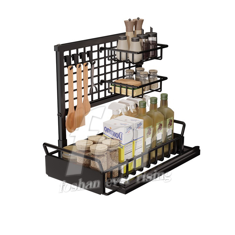 Kitchen under sink shelf, pull out storage rack, spice and dish cupboard tiered rack