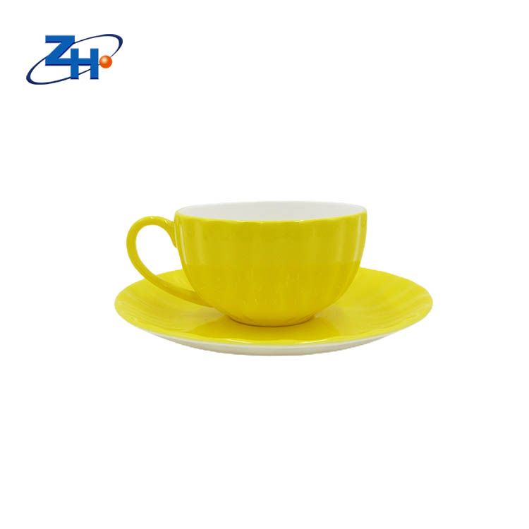 Custom shape bone china coffee set, yellow color coffee cup and saucer