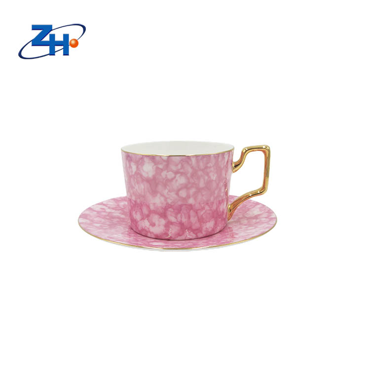 Marble pattern design bone china coffee cup and plate with gold handle