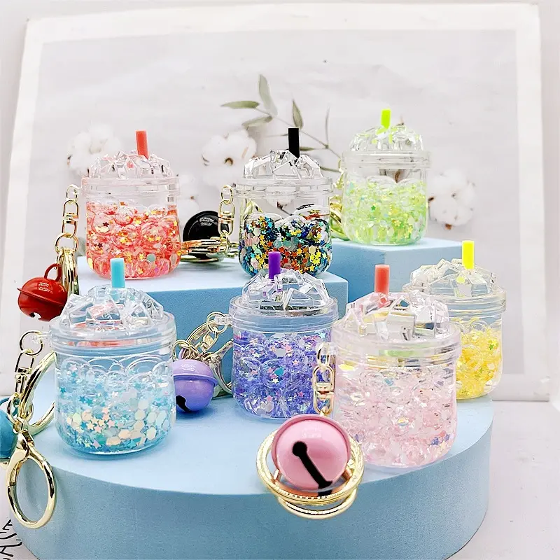 New Liquid keychain Glow Milk Tea Quicksand Bottle Keychain for Bag Keyring Car Keychains