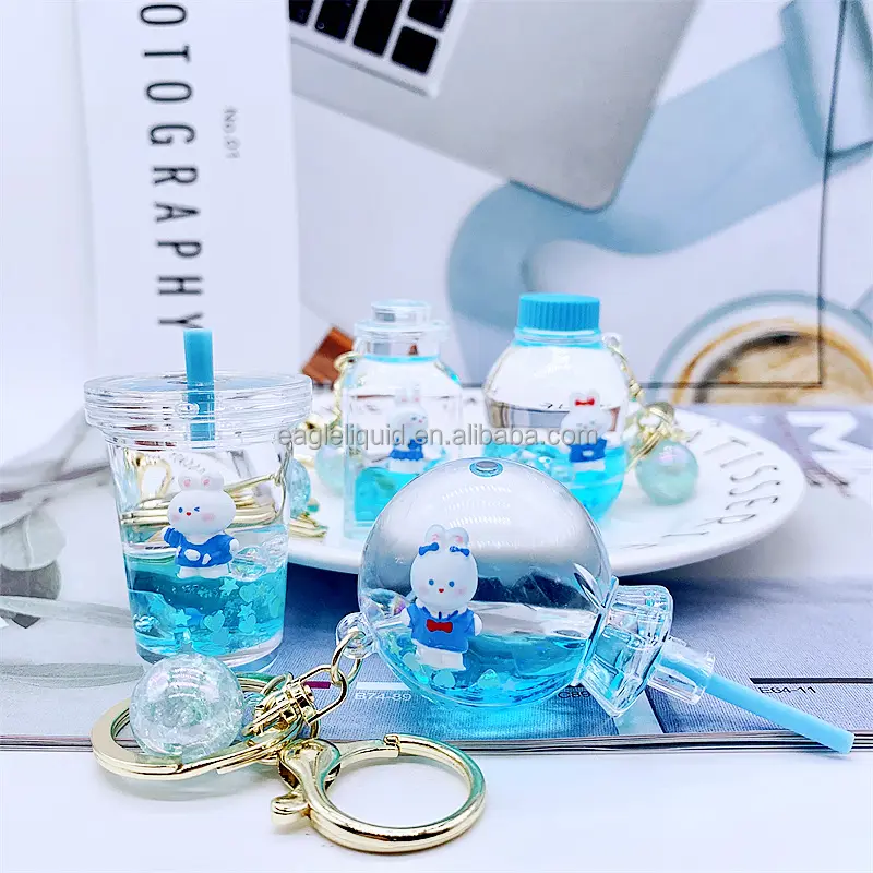 3D acrylic cute keyring bubble key chain filed liquid oil blue rabbit quicksand floating keychain