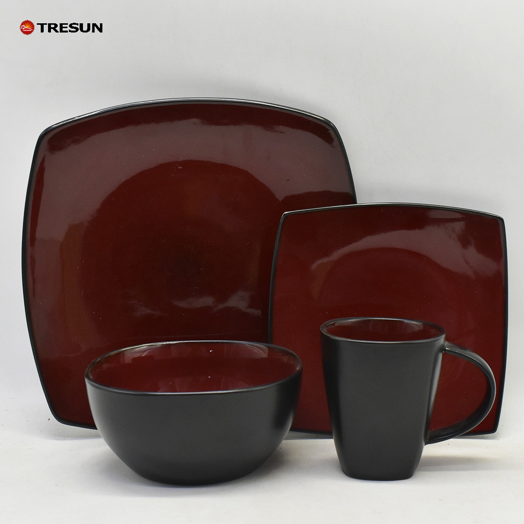 Red color glaze square dinnerware set