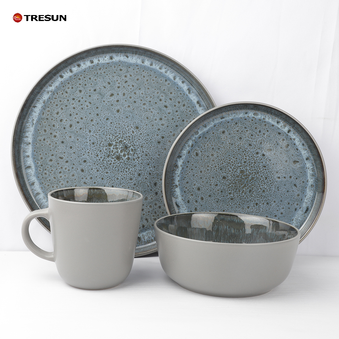 Blue and grey reactive glaze dinnerware set