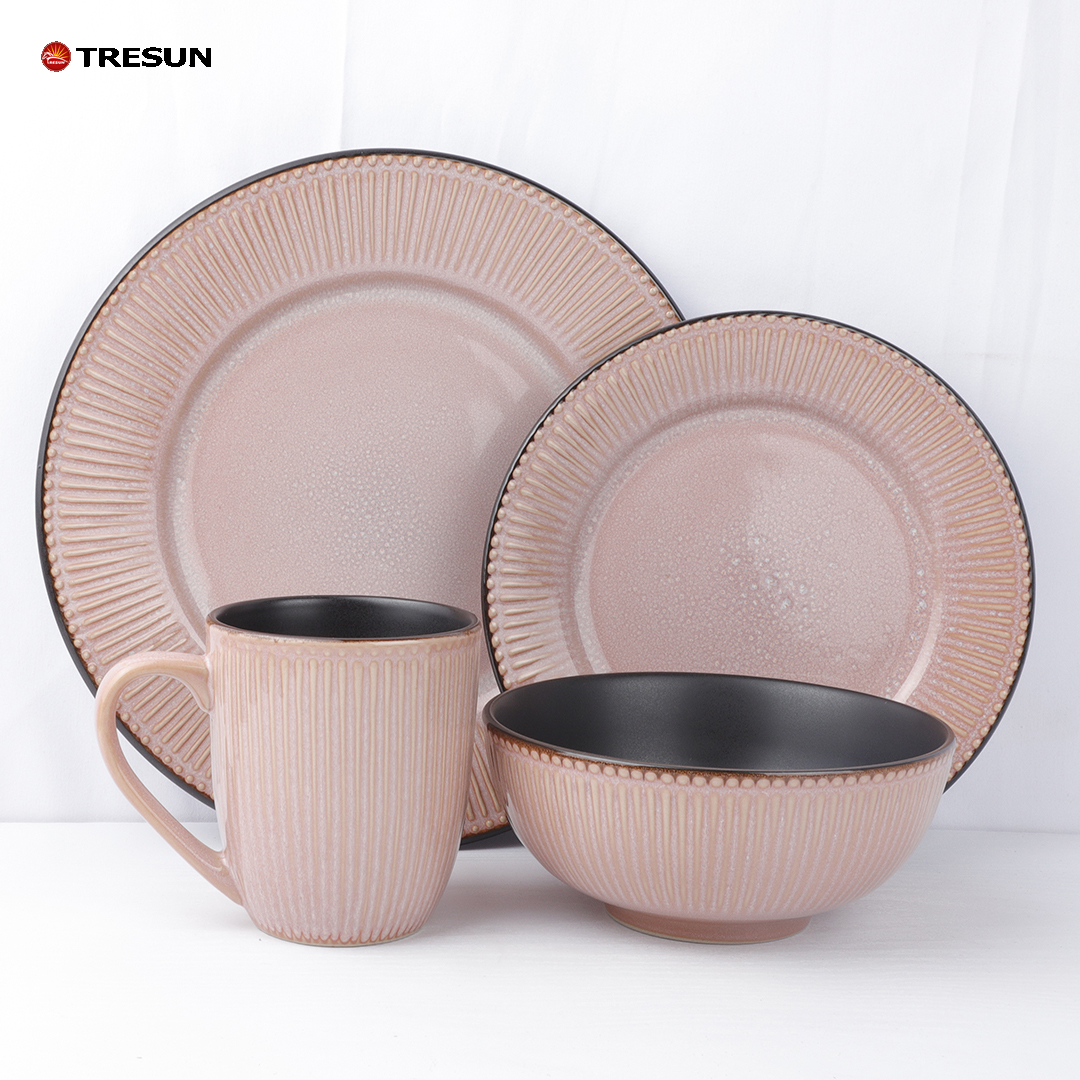 Pink embossed stoneware set