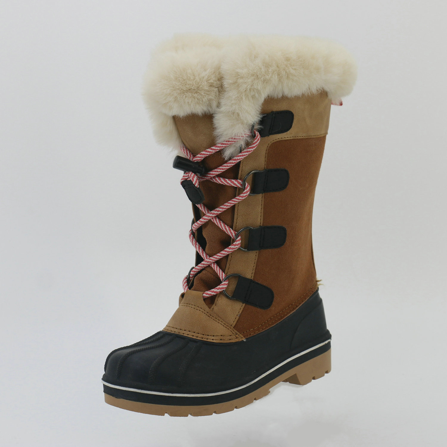 Womens Round Toe Faux Fur collar Lined Lace Up Mid-Calf Duck Rain Boots Winter Snow Boots