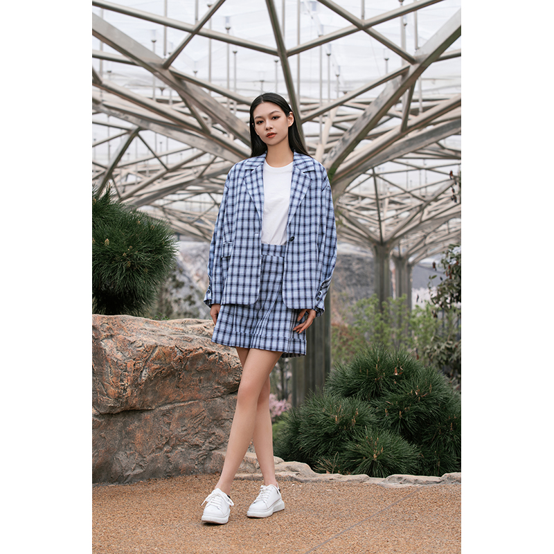 Sky blue contrast check cotton cuff suit jacketeconstruction pilot suit jacket