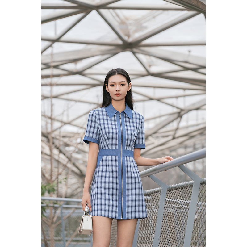 Sky blue check stitching imitation denim waist dress