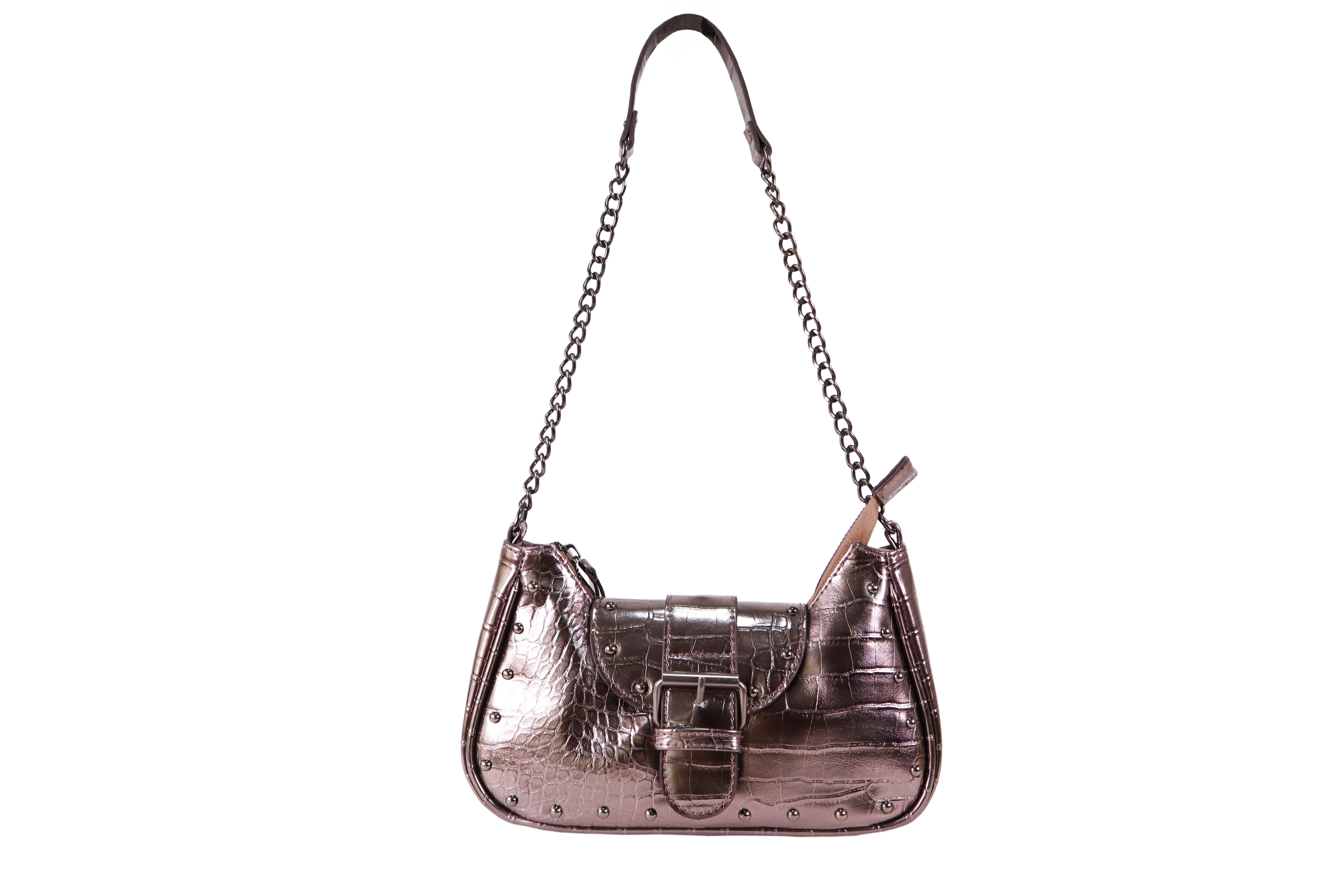 New fashable shoulder baguette bag in metallic croco