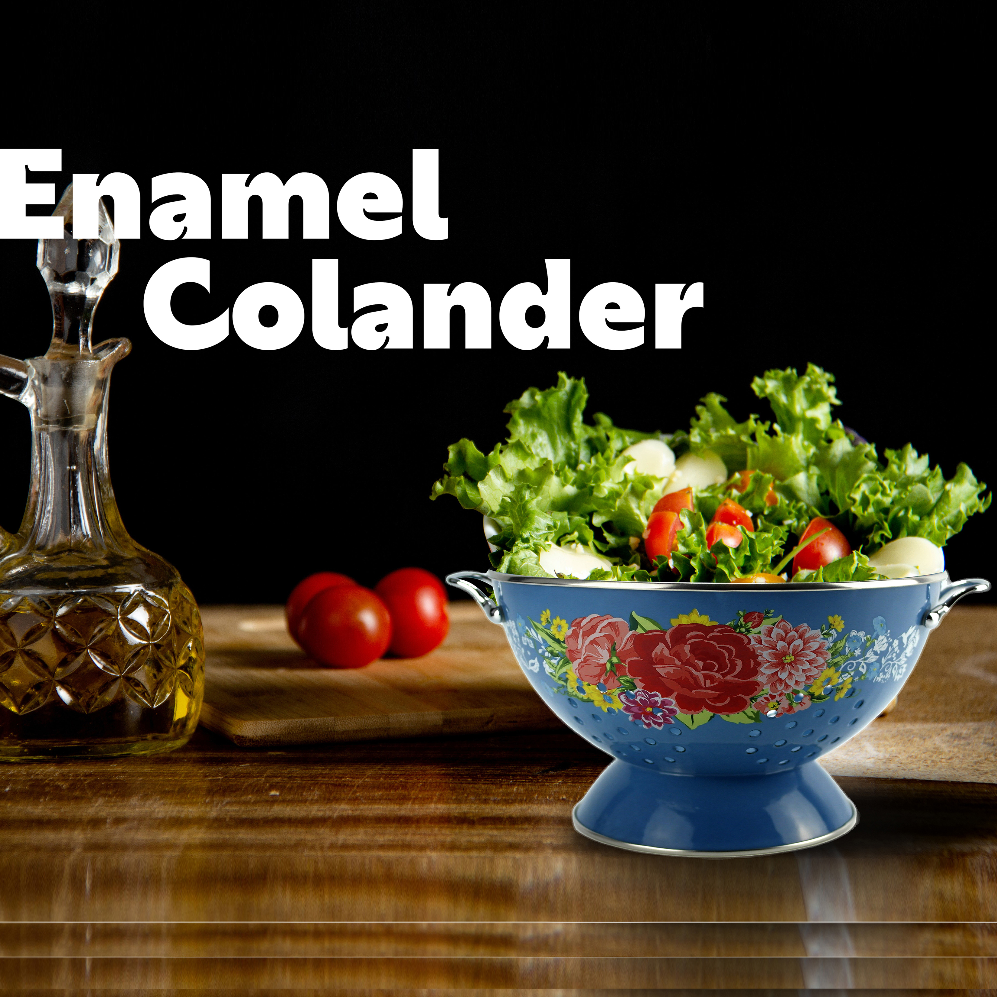 Custom coloured cheap multifunctional enamel steel fruit and vegetable strainer with handle