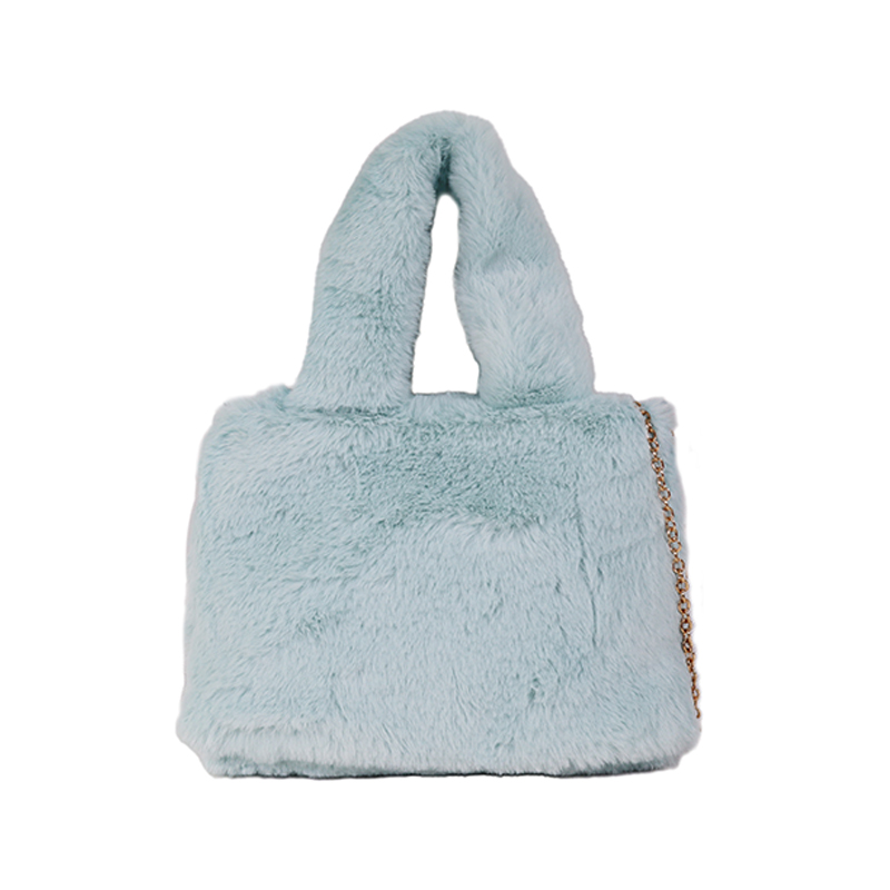 Fake fur double handle bag in light blue color with long chain strap