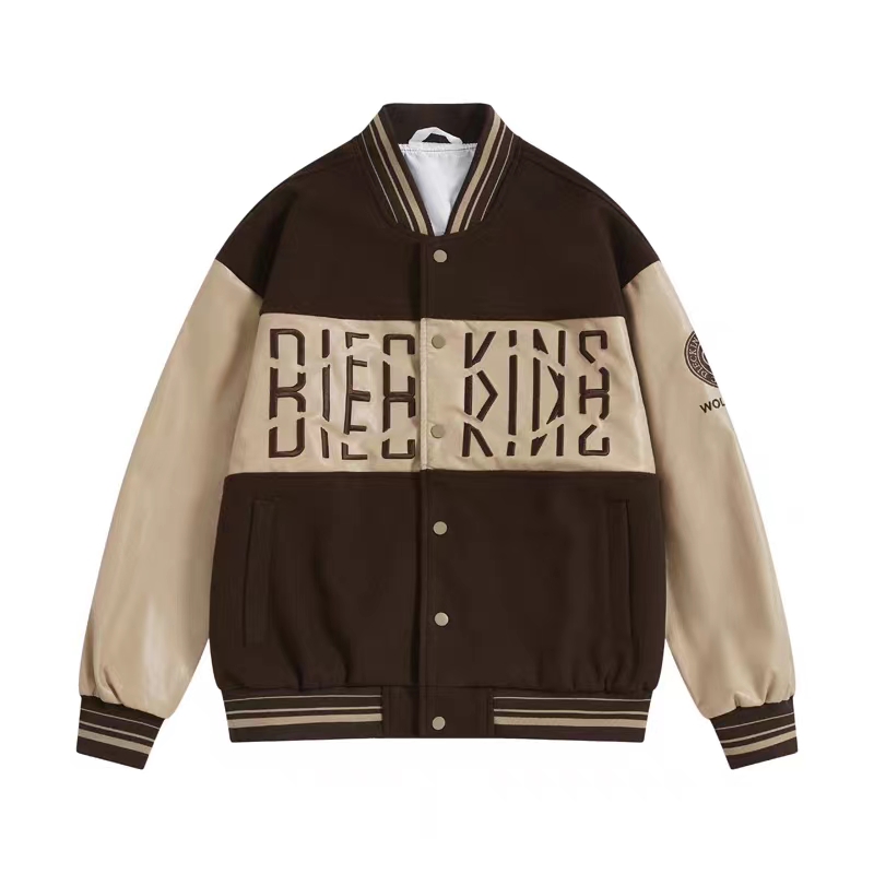 Mens Embroidery Patchwork Pu Sleeve Baseball Jacket