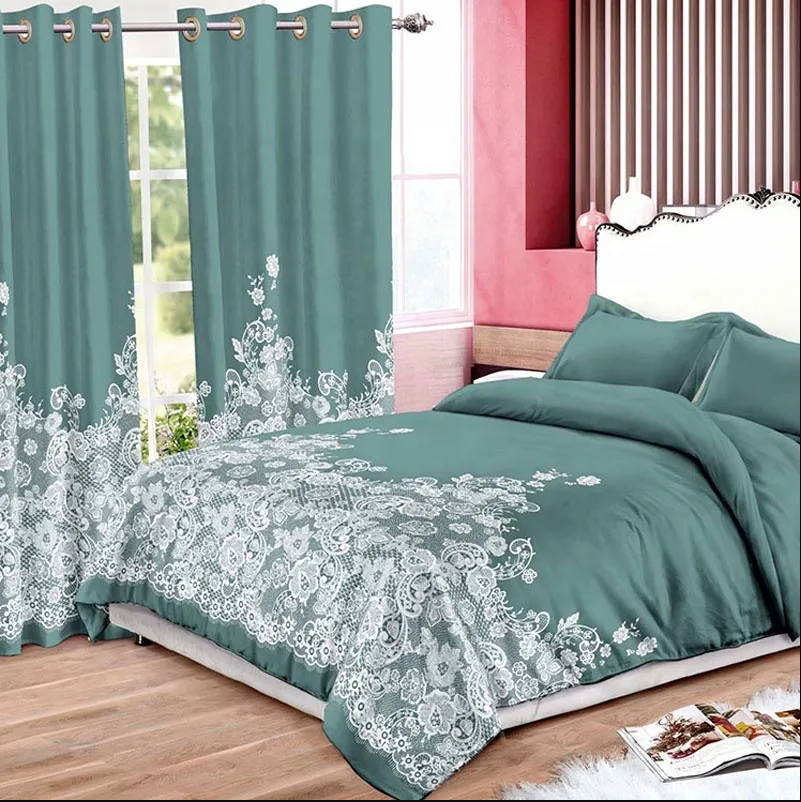NEW 100% Polyester fibre Cotton comforter fitted sheet Bedding Set with curtain