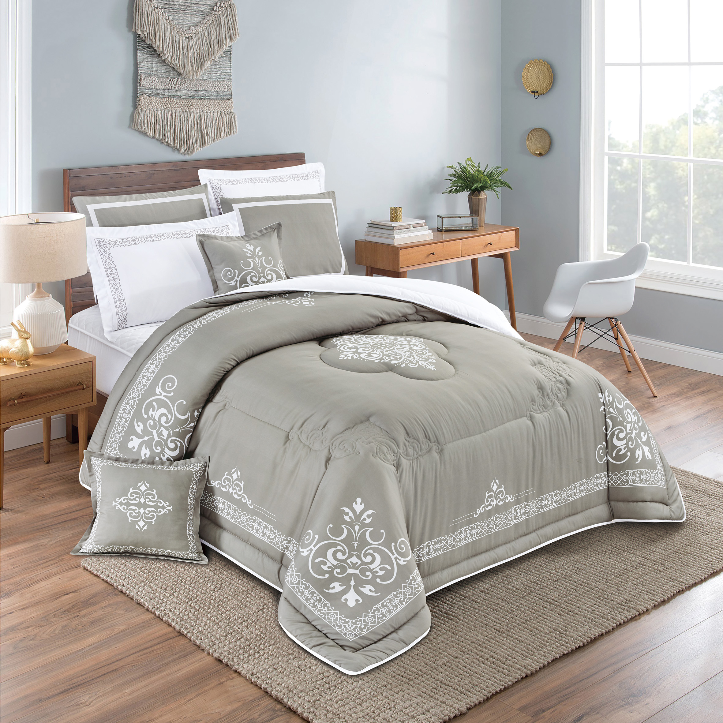 7 Piece Iris Reversible Large Scale Comforter Set Grey, Queen
