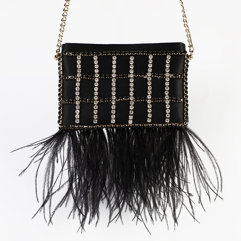 Black handbag Feather Tassel Party Bag Flash Diamond Decorative clutch bag