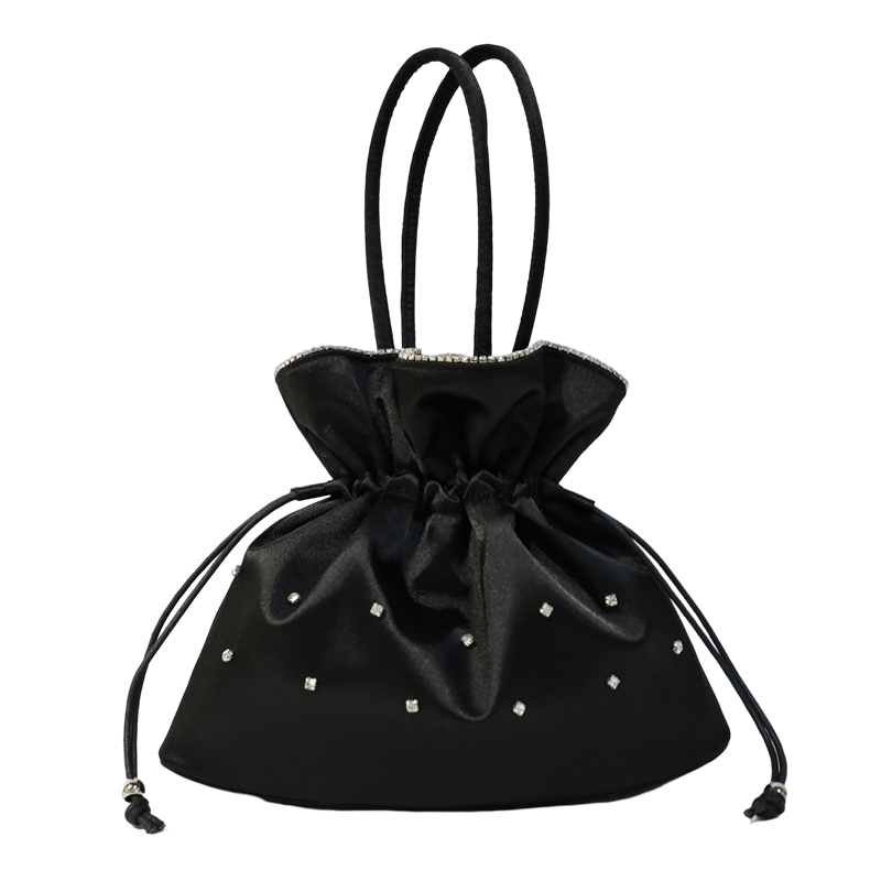 Pleated portable cross body bag satin bucket bag with black diamond decoration clutch bag handbag