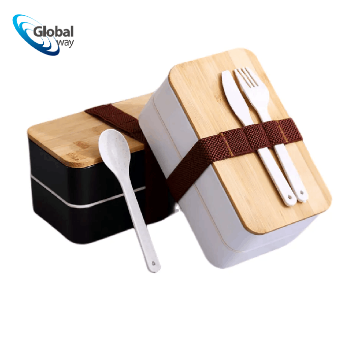 Double lunch box with wooden lid