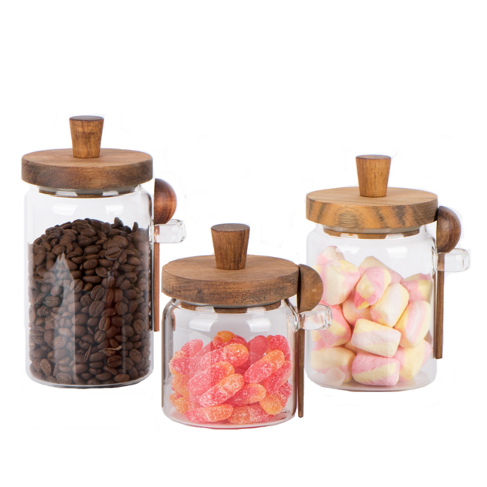 Borosilicate glass jar with acacia wood lid and spoon for coffee candy spice
