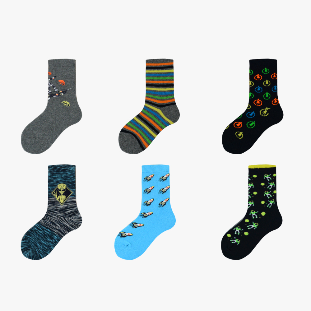 6pk Alien & Rocket Boys Cotton Crew Socks