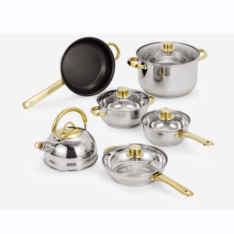 Household 11pcs Stainless Steel Cookware Set with Gold Plated Hollow Handle-Glass Lid
