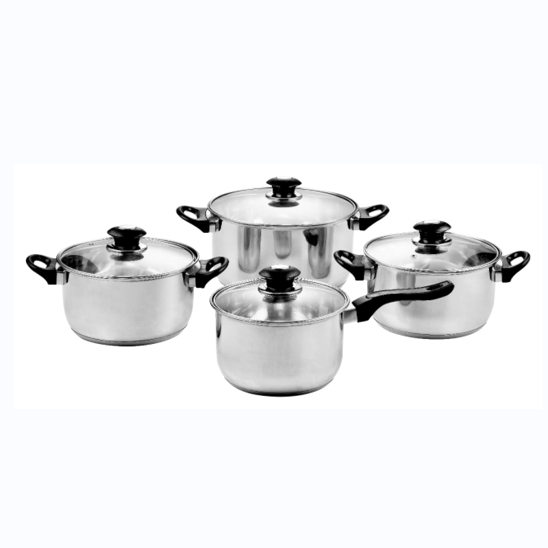 Household 8pcs Stainless Steel Cookware Set with Black Bakelite Handle - Glass Lid