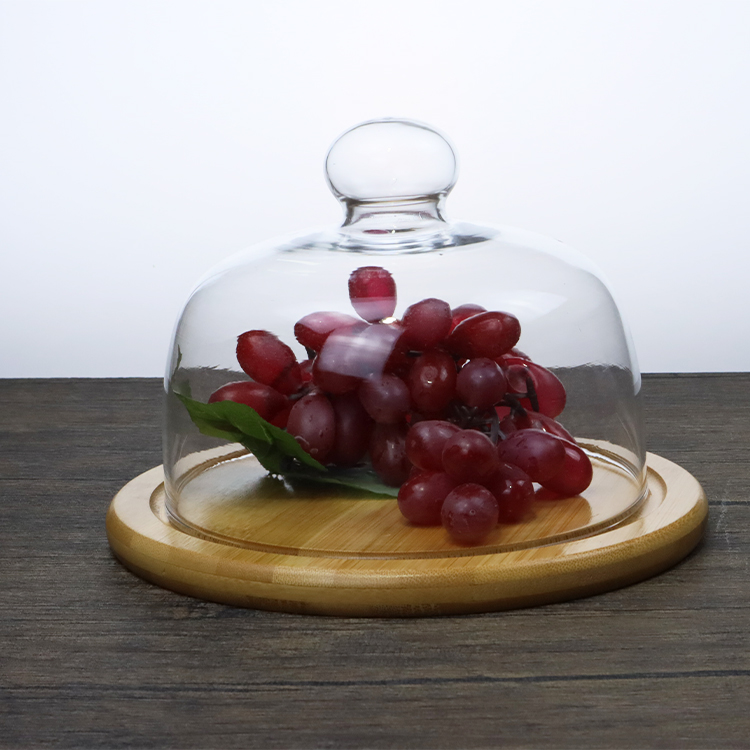 Factory Wholesale Hot Selling Crystal Glass Wooden Cake Stand with Dome Wood Cake Tray