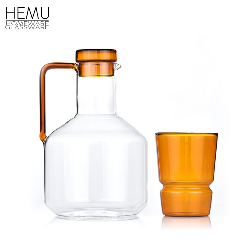 borosilicae tabletop glassware, amber glass pitcher and tumbler