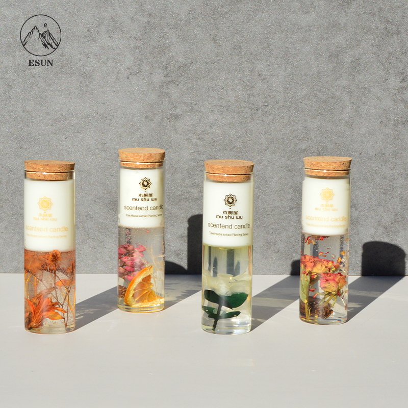 Wholesale bulk scented candles with cork lids using jelly gel wax with dried flower decoration