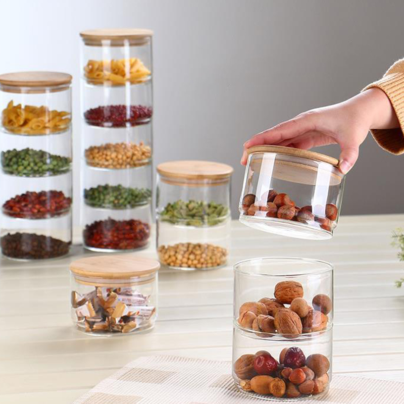 High borosilicate glass multilayer storage jar with bamboo lid