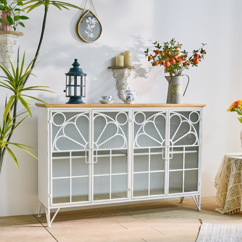 Vintage white metal cabinet with wooden top and glass door