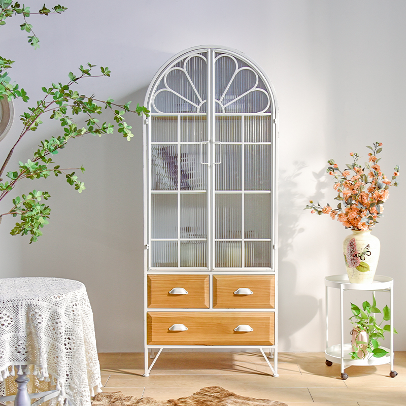 Vintage white metal wooden cabinet with glass door