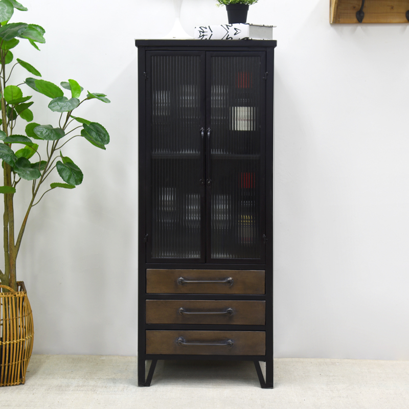Black vintage glass door iron cabinet