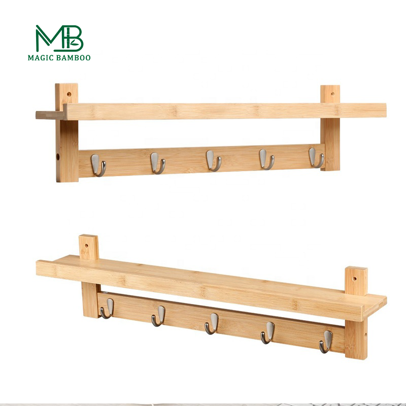 Bamboo wall-mounted coat hook 4 hooks with shelf