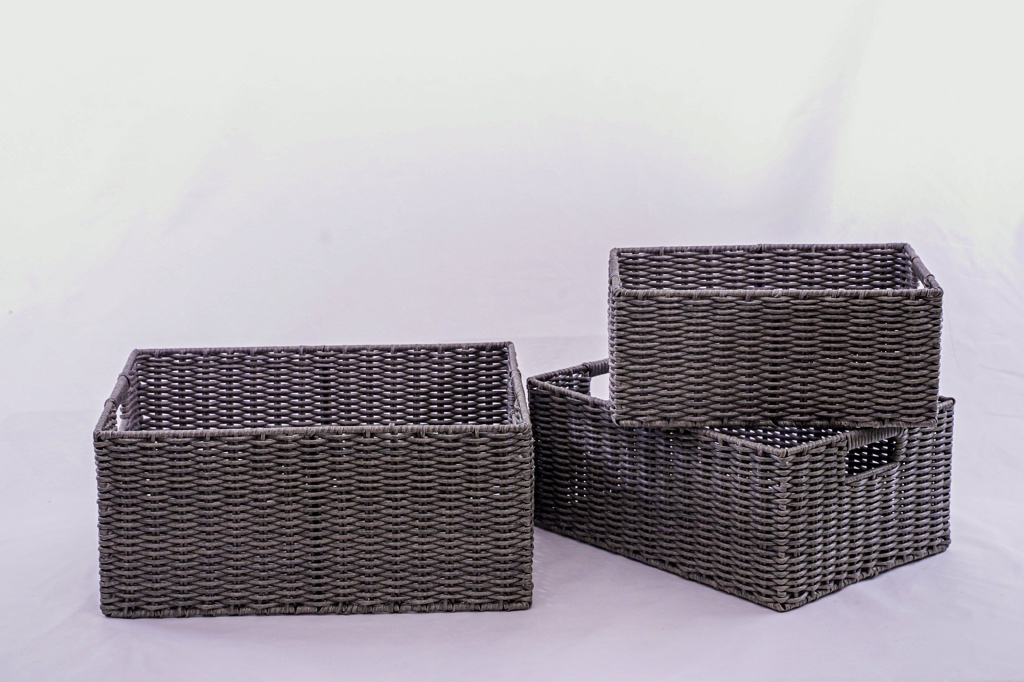 Rectangular Wicker Storage Basket with Handles, Waterproof Plastic Large Wicker Baskets for Storage