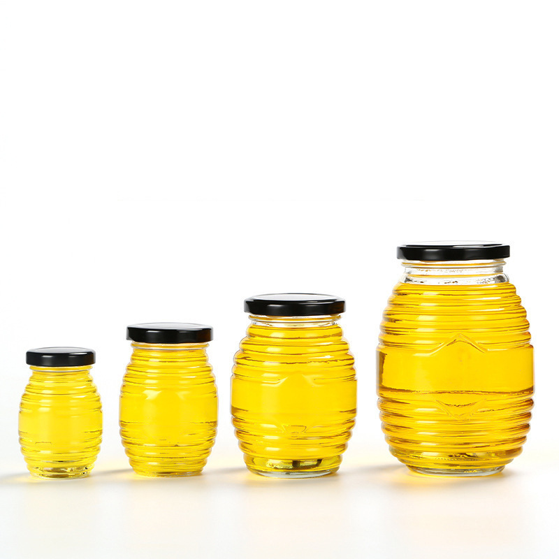 Wholesale Empty Clear 100/250/500/1000ml Threaded Bee Shape Honey Glass Jar with Screw Lid