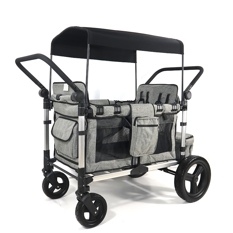 Push Pull Double Stroller Wagon 4 Seater Featuring 5 Point Harnesses Kids Wagon Stroller