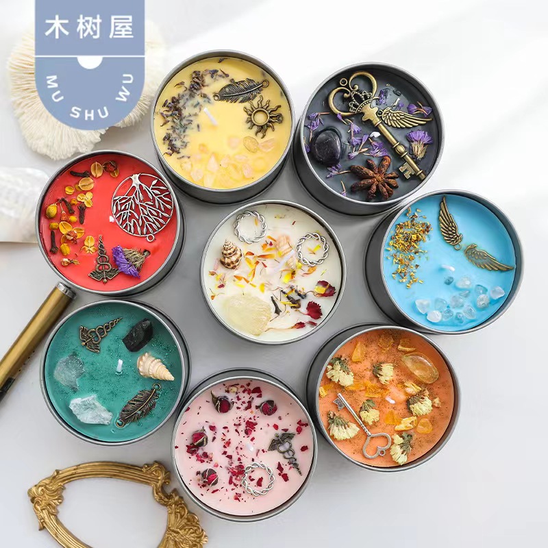 Wholesale DIY Metal Tin Candle with Lids Custom Crystal Scented Candles Dried Flower Candles