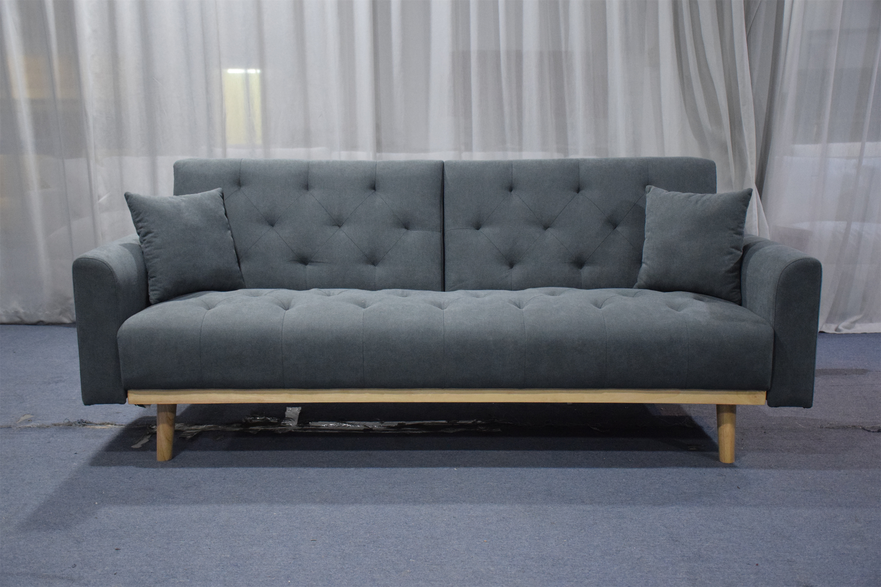 High Quality China Memory Foam Modern Design Tufted Futon Folding light brown linen fabric Sofa Bed